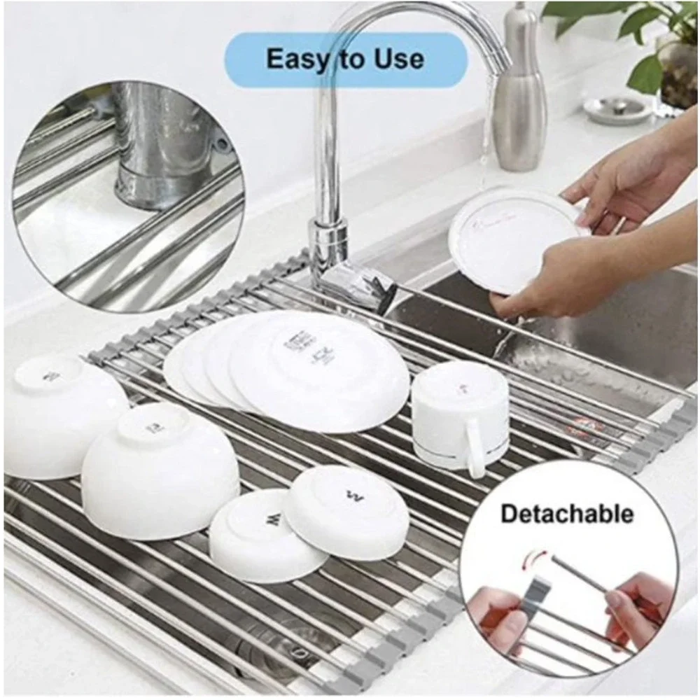 Over The Sink Roll Up Dish Drying Rack Stainless Steel Kitchen Drying Rack-Large